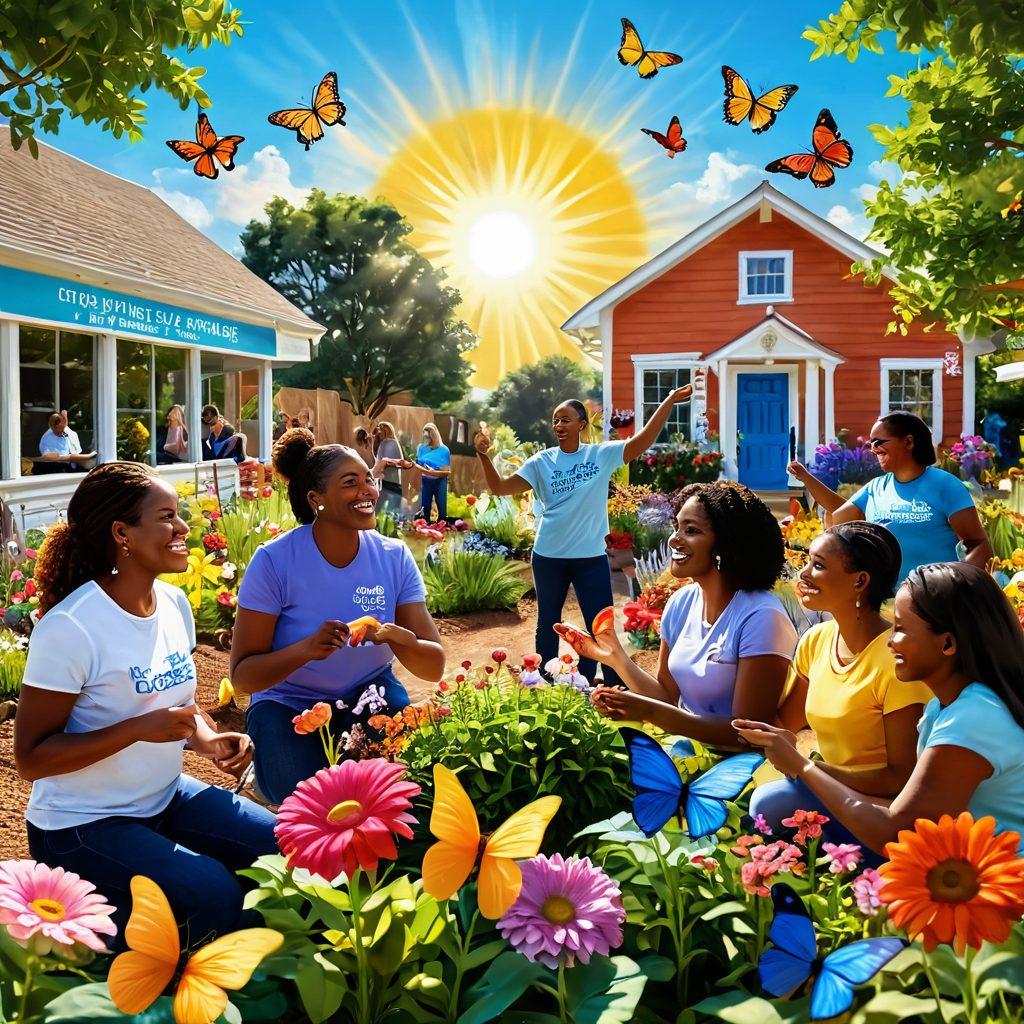 A vibrant scene depicting a diverse group of people joyfully collaborating to plant a colorful garden, symbolizing growth and community. In the background, a bright sun shines over a welcoming nonprofit building adorned with inspirational quotes. Butterflies flutter around, adding a whimsical touch. The atmosphere radiates positivity and hope. super-realistic. vibrant colors. 3D.