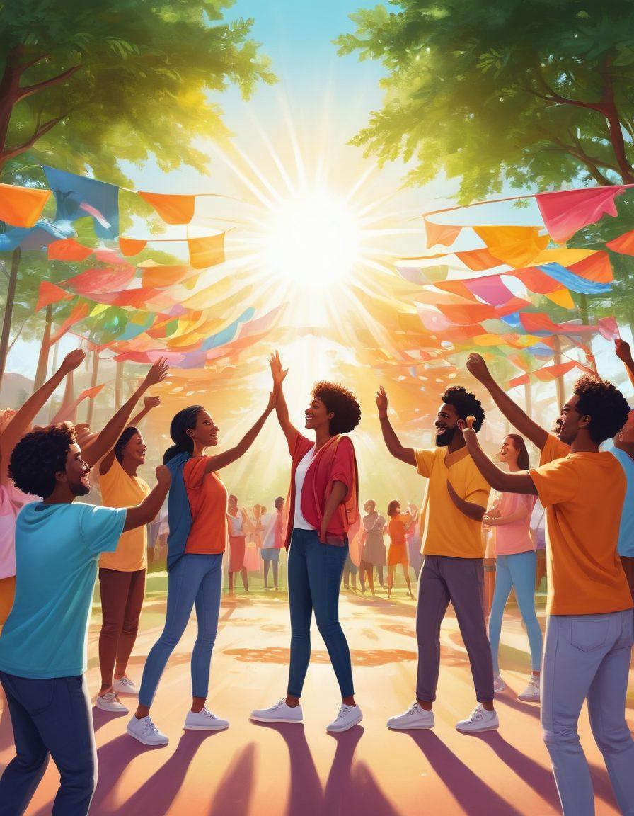 A lively, diverse group of people celebrating together in a bright and inviting community space, surrounded by greenery and colorful banners that symbolize unity and joy. Incorporate elements representing growth, such as blossoming flowers and rising sun rays in the background, to symbolize transformation. The atmosphere should feel vibrant and uplifting, showcasing a sense of harmony and collaboration.illustration style: vibrant colors. super-realistic.