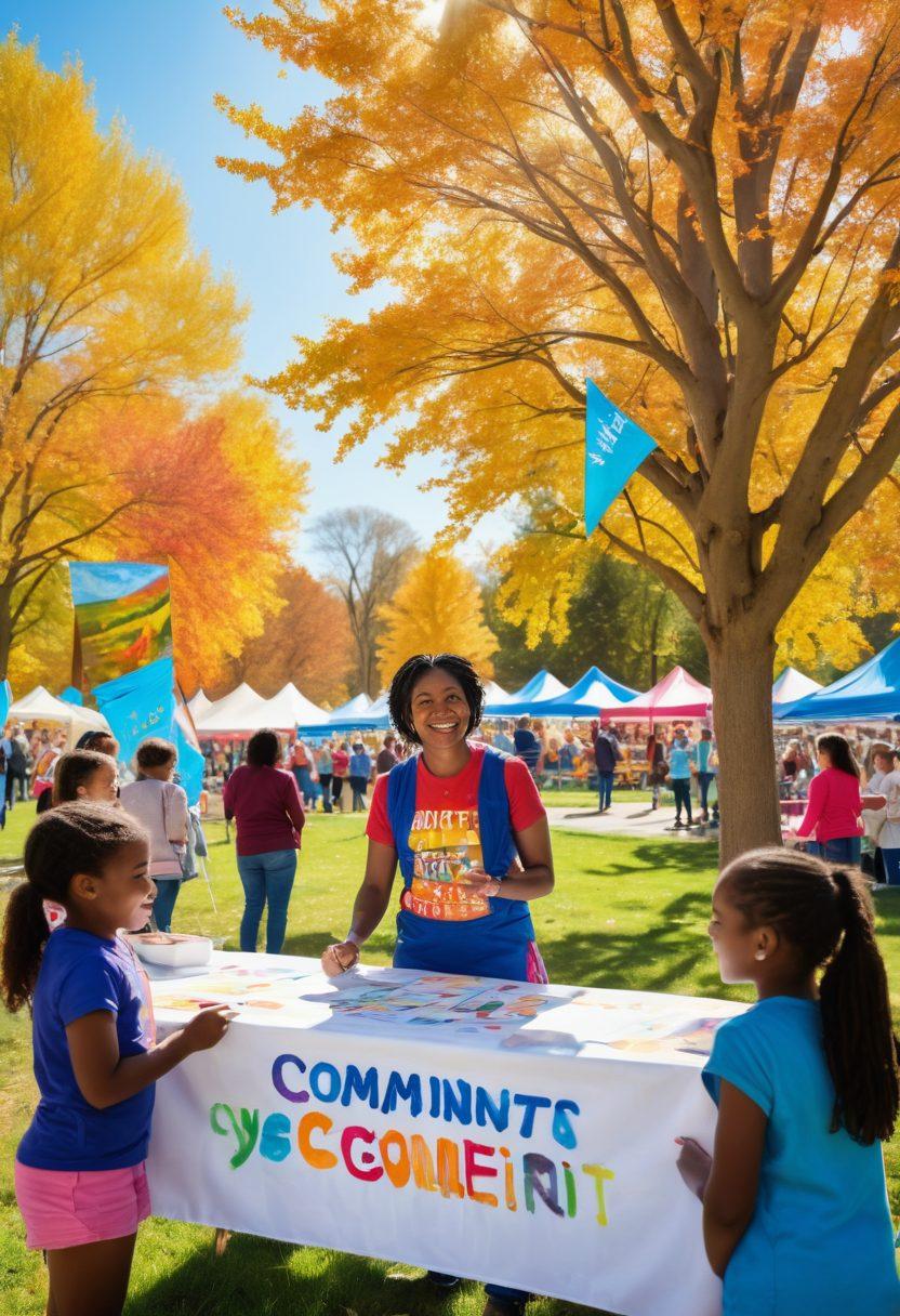 A vibrant community gathering in a sunlit park, showcasing diverse groups of people collaborating joyfully, holding colorful banners that represent various nonprofit causes. In the foreground, a smiling volunteer engages with children, while a table displays information about community services. The background features colorful trees and a blue sky, symbolizing hope and positivity. cheerful and uplifting tone. bright colors. painting.
